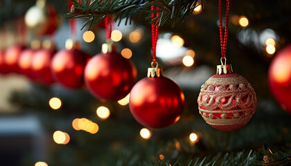 Poster - Shiny ornament hanging on Christmas tree, glowing gold generated by AI