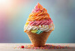 waffle cone close-up with ice cream and colorful sprinkles on a soft pastel background.