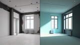 Fototapeta Do akwarium - Apartment renovation, empty room before and after refurbishment or restoration minimalist background, Ai generated image.