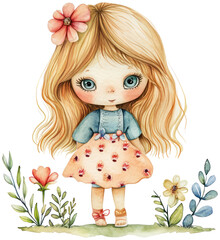 Wall Mural - Watercolor illustration of a cute adorable doll illustration PNG element cut out transparent isolated on white background ,PNG file ,artwork graphic design.