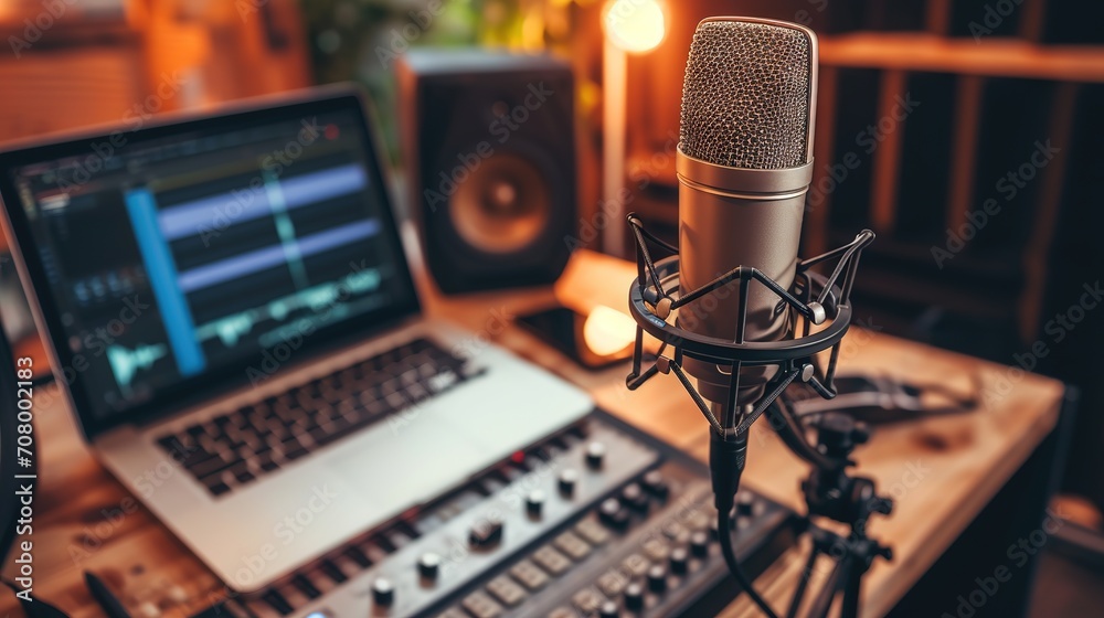 A professional microphone is set up in front of a laptop with recording ...
