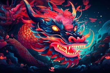 Wall Mural - a colorful close-up macro drawing illustration of an angry magenta monster dragon with sharp teeth and scary eye representing the chinese lunar new year