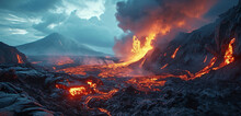 A Dramatic Volcanic Landscape With Lava Flows And Plumes Of Smoke
