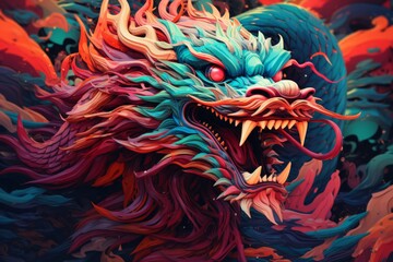Wall Mural - a colorful close-up macro drawing illustration of an angry cyan monster dragon with sharp teeth and scary eye representing the chinese lunar new year
