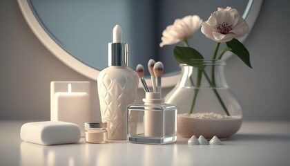 Wall Mural - Beautiful luxurious bathroom table with cosmetic products, mirror and vase with bouquet of fresh flowers. Hygienic and skincare indoor background concept.
