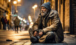 Portrait of a homeless man on the street - city background - AI generated