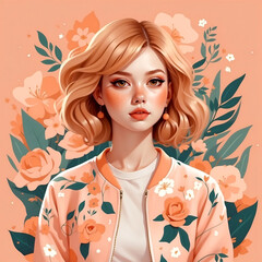 Wall Mural - Beautiful cool girl wearing jacket peach fuzz color flowers background. Color of the year 2024. Generative ai