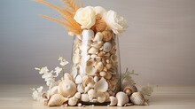 A Decorative Sand-made Vase, Adorned With Seashells And Polished Stones, Serving As An Elegant Centerpiece For Any Home Interior.