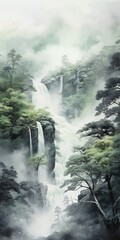  Misty Waterfall in the Mountains