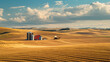 A large-scale grain farm with vast fields of wheat combine harvesters and silos for storage.