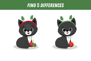 Find 5 differences between two pictures of cute black cat. Cute  kitten. Christmas game.  Activity page. Xmas. Vector