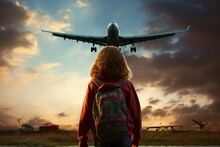 A Girl Watches An Airplane Pass Over Her Head. Airplane Flying Overhead