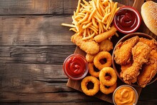 Fast Food Meals. Onion Rings, French Fries, Chicken Nuggets And Fried Chicken On Wooden Table