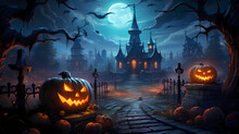Spooky Halloween Cartoon Pumpkin Jack O Lantern Heads In Front Of A Graveyard With Spooky Buildings In The Background Lit Up By Full Moon. Generative AI