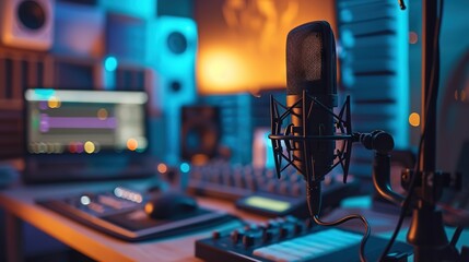 This image shows a well-equipped music recording studio with a microphone in the foreground and various audio equipment in the background.