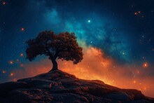 Lone Tree Rock Starry Sky Background Oak Trees Bright Universe Grain Sand Dawn Dusk Infinite Entertainment Astral Nebula Branching