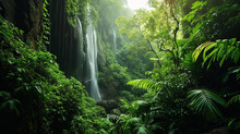 A Sweeping Vista Of A Lush Tropical Rainforest With A Cascading Waterfall