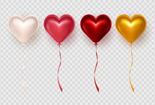 Set Of Four 3d Glossy Romantic Red, Pink, Golden And Beige Heart Balloons For Valentine's Day Celebration. Colorful Three Dimensional Shiny Foil Balloons In Heart Shape On Transparent Background