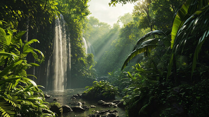 Wall Mural - A sweeping vista of a lush tropical rainforest with a cascading waterfall