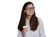 © Iona - Gorgeous girl in glasses, shirt holding cup of coffee looking at camera, smiling, against transparent background. Successful young businesswoman starting day, looking confidently