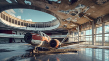 Decrepit Plane Inside An Abandoned Concrete Brutalist Airport Hall - Generative AI