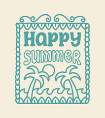 Wall Mural - Happy summer with the wave and palm coconut design around graphic t shirt badge sticker vector illustration