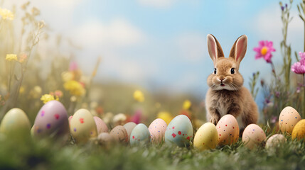 A curious bunny peeks out from a field of spring flowers with colorful Easter eggs, against a blue sky background with space for text. Easter card