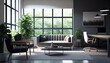 © Trendy Three - A calming photo of an open space office, showing a relaxation zone complete with cozy sofas and indoor minimalist background, Ai generated image