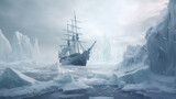 Fototapeta  - An ice ship maneuvering through a blizzard in the Arctic with icebergs and snow.