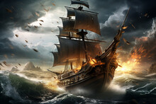 Dynamic Illustration Of A Pirate Ship Navigating Through Turbulent Waters, Waves Crashing Against Its Sides, Under A Dramatic Sky Filled With Lightning,