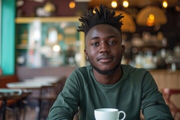 Wall Mural - Relaxed studio portrait of a young African man in a café setting, with a cup of coffee, isolated on a modern coffee shop background