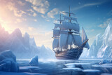 Fototapeta  - High seas adventure as a pirate ship sails through a field of towering icebergs, the frozen giants creating a labyrinth of danger in the frigid waters,
