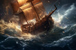 Powerful illustration of a pirate ship caught in the clutches of a colossal tidal wave, the ship's crew desperately struggling against the overwhelming force of nature,