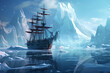 Striking illustration of a pirate ship navigating through a sea of icebergs, the turbulent waters reflecting the frigid beauty of the Arctic landscape,