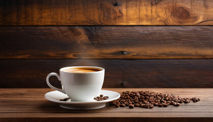 Wall Mural - A coffee cup resting on a wooden table with the surrounding wood grain and texture. Against a backdrop of a dark brown wooden wall