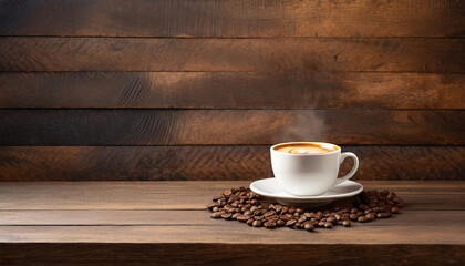 Wall Mural - A coffee cup resting on a wooden table with the surrounding wood grain and texture. Against a backdrop of a dark brown wooden wall