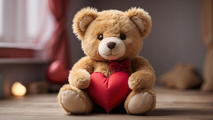 cute brown teddy bear holding a big red heart on a white background, holiday gift for Valentine's Day