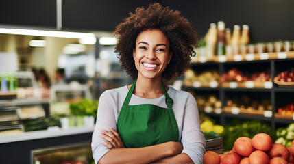 The image shows a joyful African-American woman with curly hair, wearing a green apron and standing in a grocery store.