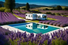 A Mobile Home With Swimming Pool Set Amidst A Blooming Lavender Field, With The Tranquil Pool Mirroring Splendor