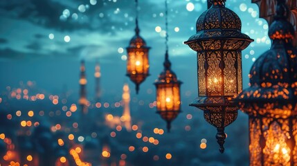 Ramadan Kareem celebration background illustration with Mosque, arabic lanterns and moon.