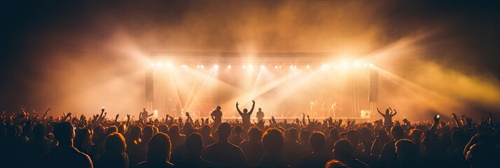 Energetic live music concert with a crowd of fans cheering and dancing under the glow of stage lights.