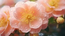 Yellow  Rose Camellia Flowers With Rain Drops In Sunny Garden