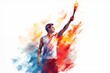 A male athlete holding the Olympic flame in the style of a watercolor drawing, an illustration of a burning torch, the concept of the international sports games