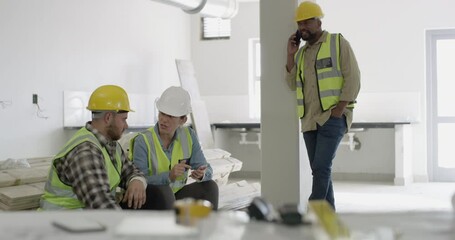 Aufkleber - Happy man, architect and phone with team for construction, conversation or building renovations in home. Male person, contractor or civil engineer talking on mobile call for discussion in house