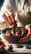Konditorin veredelt Erdbeeren mit dunkler Schokolade
