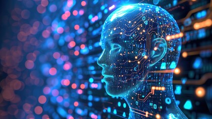Wall Mural - A profile view of a digital human face interwoven with intricate electronic circuitry, symbolizing advanced artificial intelligence