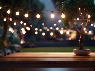 Empty Wood table top with decorative outdoor string lights hanging on tree in the garden at night time	