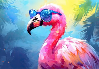 Wall Mural - Flamingo. Close-up portrait of a flamingo. A fictional character for advertising and marketing. Humorous character for cover, card, postcard, interior design, banner, poster, brochure or presentation.