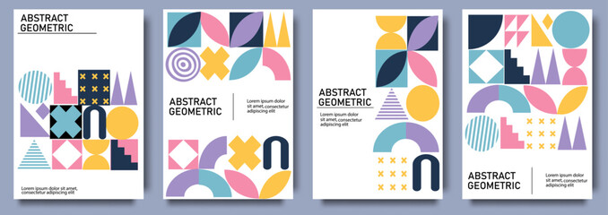 Bauhaus Geometric posters with textured geometric patterns and abstract forms, retro cover design. Trendy minimalist poster with simple figures. Modern swiss aesthetic print vector set 
