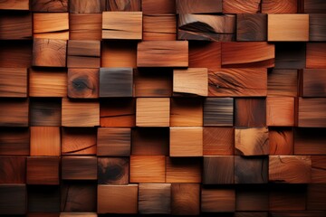 Aufkleber - wooden wall composed of intricate squares and cubes, creating a mesmerizing mosaic of geometric patterns and textures